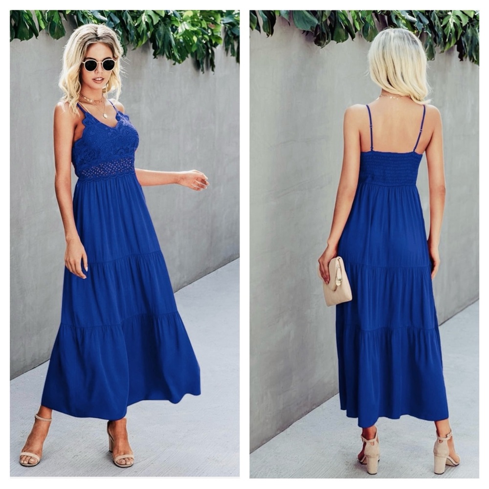 Royal Blue Lace Maxi Dress with Crochet Details